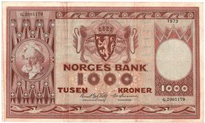 1000 kroner 1973 G.2005179 erstatningsseddel. Kv.1