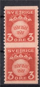 SVERIGE F139** 3 öre brunröd. Normalprov,  otandat lodrätt par, sällsynt!