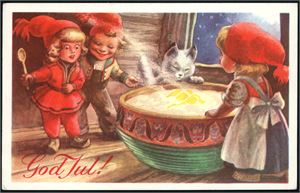 Damsleth. 48 stk, hovedsakelig fra 1950-årene, Også et glansbilde. Det avbildete kortet med 3 barn og en katt er utgitt i Danmark.