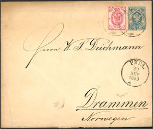30. Russia. A 7 Kop stationary-envelope oppfranked with a 3 Kop, cancelled "Riga 12.4.1889" and sent to Drammen, Norway.