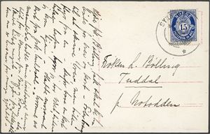 121. 15 øre Posthorn på postkort, annullert med hjelpestempel "Sykkulven" (MR) i 1926.