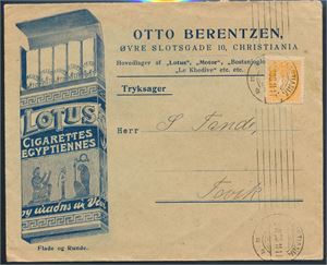 Nk 75 på flott logokonvolutt "Lotus Cigarettes". Stemplet Kristiania 06.