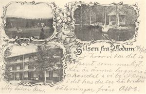 Modum  "Hilsen fra Modum" 3-delt motiv st. Vikersund 1902, sendt til Sverige