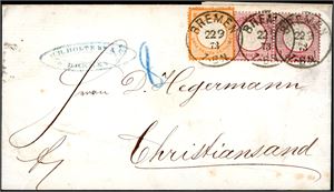 18,19. Deutches Reich. One 1/2 Gr and two 1 Gr on entire, cancelled "Bremen 22.9.73" and sent to Christiansand, Norway.
