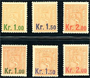 85/87 I,85/87 II. Kroneprovisorier 1905. Komplette serier av begge overtrykksfargene. (20.200,-).