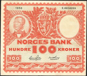100 kroner 1950, serie Z.0050088. Erstatningsseddel. En 1 mm rift nede ved midten, og god slitasje på midten på reversen. 1-