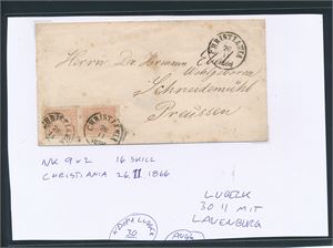 Brev med Nk 9 x2 stemplet "CHRISTIANIA 26-11-1866" til Preussen. Se utfyllende tekst på bildet