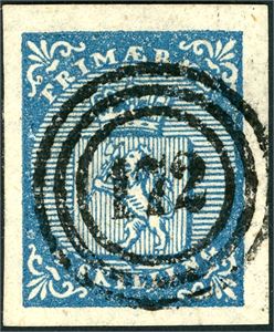 1. 4 skilling våpen 1855, anert med et rettvendt nummerstempel "172" (Laurvig). Gode marger.