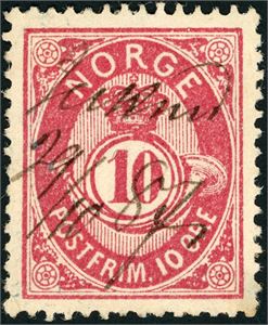 43. 10 øre 21 mm, anert med håndskrevet stedsnavn "Jerkind 29/10 87" (OP).