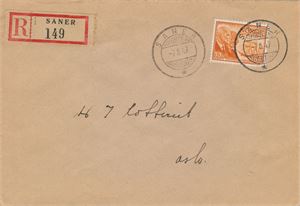 Hjelpestempel SÅNER HJ-SA -7 8 47 (AK) på pent rek. brev med NK 367. To måneders brukstid. Poståpneriet ble nedlagt 1.6.1958.