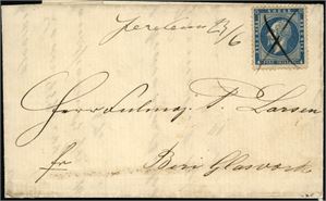 4. 4 skilling Oscar på brevomslag, annullert med blekkryss, og ved siden håndskrevet "Jernbanen 23/6" i 1862.