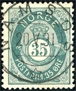 29 b. 35 øre skravert Posthorn, rettvendt stemplet "Namsos 20.5.91".