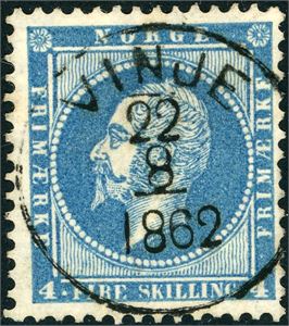 4. 4 skilling Oscar, rettvendt fullstemplet "Vinje 22.8.1862" (TE).