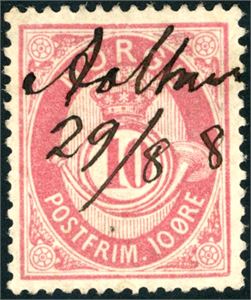 38 xX. 10 øre Posthorn 1883, annullert med håndskrevet "Aalhus 29/8 8". Vm 2, stilling 1