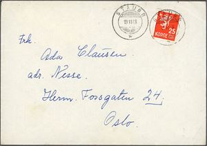 25 øre Løve på konvolutt, annullert med hjelpestempel "Staubø 19.11.48" (AA).