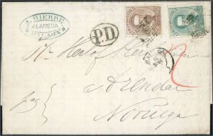 115,117. Spain. 75 c postage to Norway. 25 c and 50 c King Amadeo I on complete cover to Arendal, cancelled with dots-postmark, and "Malaga 14 Nov" (1872) at side. Transitt postmark "Madrid 16 Nov 72" at reverse.