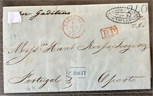 FRANKRIKE-PREFRIMBREV Marseilles til Oporto, Portugal per Gaditano. Diverse stempler foran og bak