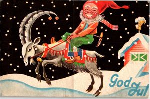 SPANGE. Nisse rir på bukken. Stpl 1936. Lett brekasje midt på, skjemmer lite. (Mittet 2601)