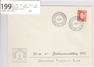 NK 396 på pent brev stp. Drammen Filatelist Klubs Utstilling 1-10-51