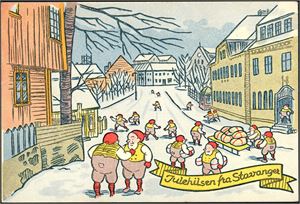 Julehilsen fra Stavanger. Stemplet "Jærbanen B. 21.12.35".