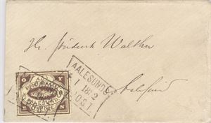 Bypost - Aalesund.  Brev frankert med Aalesunds Bypost merke nr 1 (Pihl)  3 øre brun på gult papir, stemplet firkantstempel AALESUNDS BYPOST 4.1.1882 i svart.  Brevet er sendt lokalt i Ålesund .  Attest NF "Konvolutten er uvørent behandelt.  Merket og stempelet er ekte.  Objektet er genuint ekte uten tegn til reperasjoner"