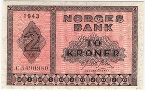 2 kroner 1943 C.5490980. Kv.0