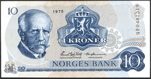Ellve stk 10 kroner 1975, alle med serie som starter med Q. (Bostav 2 er: C-F, H, J-M, P og R) Erstatningssedler. VK (også to med en mindre rift).