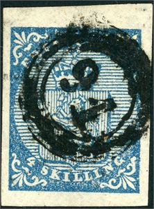 1. 4 skilling våpen 1855, anert med nummerstempel "91" (Grimstad, AA). To meget gode marger, og to normale.