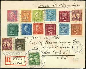15 Swedish stamps on envelope, cancelled "Stocholm 7.6.1929" and sent as registered mail with airmail to New York. The plain crashed on Grenland and the plain with letters were carried by boat to U.S.A. Three postmarks "New York 9.11.1929" at reverse.