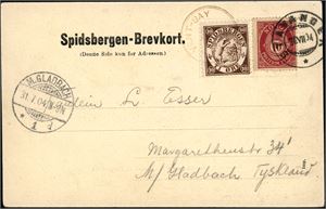 77,Spitsbergen nr 1. 10 øre posthorn på postkort, stemplet "Stavanger 28.7.04" og ved siden påsatt 10 øre Spitsbergen-merke, stemplet "Advent-Bay" samt ankomststempel fra Tyskland.