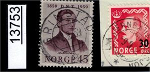 Nk 410 på lite klipp stemplet "LIA JERNBANESTASJON 9-9-52" og Nk 474 fullstemplet "GRIMSTAD 2-2-59"