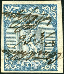 1. 4 skilling Våpen 1855, annullert med håndskrevet "Constitutionen 22/5 56" samt signaturen til postmesteren "Evensen". Varierende marger.