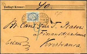 40 II. 20 øre blå 1883 på bankokonvolutt (kr 40,-), stemplet "Christianssand 7.7.85".