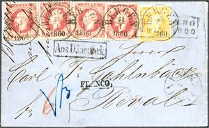 2,5. 34 skillings porto til Russland. 2 skilling- og fire 8 skilling Oscar på brevomslag til Reval, stemplet "Bergen 31.1.1860". Ved siden "Svinesund 5.2.1860" og et russisk stempel. Baksiden med "Hamburg 9.2", "KDOPA Hamburg" samt et stort rektangulært russisk stempel.