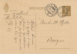 IV-804 - M/B VÅGSØY (3 pkt), klart avtrykk på brevkort fra Fjærland Handelslag, sidest. Sogns Postexp. A SL 20 I 32