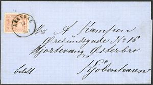 9. 8 skillings porto til Danmark. 8 skill på brevomslag til Kjøbenhavn, stemplet "Arendal 12.1.1867". Baksiden med stemplene "Christiania 15.1.1867", "kbh.Østb.Exp. 19.1" samt "Kiøbenhavn 19.1".