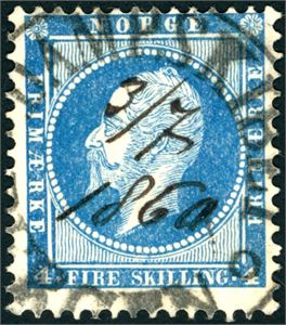 4. 4 skilling Oscar, annullert med meget velsentret "Dampskibet Bergen", der datoen "3/7 1860" er skrevet med blekk.
