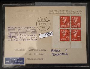FØRSTEFLYVNING Prøveflyvning KLM Amsterdam - Sør-Afrika stemplet "OSLO 4-10-46"