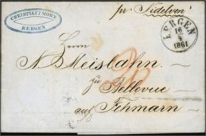 Ubetalt brev, stemplet "Bergen 16.4.1861" og sendt til Fehmarn (Slesvig Holstein). Forsiden påskrevet "pr. Nidelven" samt dansk portotall 20 (Danske skilling) i rødt. Baksiden med to stempler, hvorav "Altona 21.4".