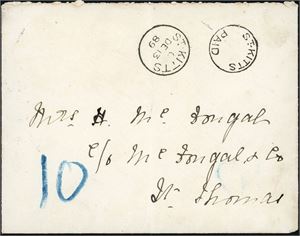 Stampless envelope with "St. Kitts Paid" (this postmark was used because shortage of normal stamps) and  "St. Kitts De 13 89" cds on front together with a "10" in blue ryon and sent to St. Thomas. On reverse a "St. Thomas 14.12.1889" postmark with the last "8" in "1889" inverted.