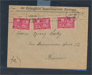 Brev med Nk 115 x3 stemplet "STAVANGER 1. VII 14 3-6 E" til Bremen, Tyskland . Logo "Det Stavangerske Dampskibsselskab"