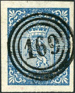 1. 4 skilling våpen 1855, anert med nummerstempel "169" (Langesund, TE, 6 pkt). Gode marger.