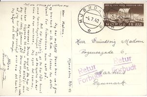 NK 303 på postkort "Nedre Eikers Kirke" stemplet Mjøndalen 4.7.42. til Danmark. Også to gummistempler Retur/Forbudt pga motivet og kortet trolig returnert til avsender. Interessant lokalhistorie.
