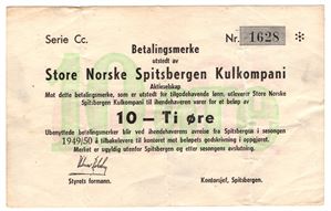 10 øre Store norske Spitsbergen Kulkompani. 1949/50 Cc. R seddel. Kv.1