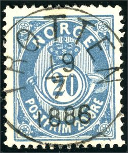 46 b. 20 øre 21 mm, rettevndt fullstemplet "Trøtten 19.7.1886".
