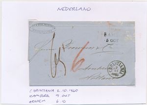 Brev stemplet "CHRISTIANIA 2-10-1860" til Arnhem, Nederland via Hamburg