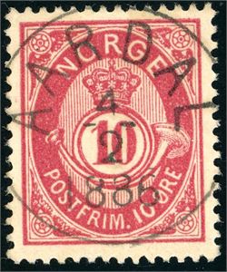 43 b. 10 øre 21 mm, rettvendt fullstemplet "Aardal 4.2.1886".