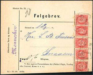 53 IIIc v1. 50 øres innenlandsporto. Fem 10 øre 20 mm på Følgebrev, stemplet "Christiania 12.8.90". Det midterste merke har variant "Museøre" (V 35).