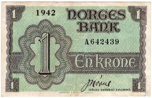 1 krone 1942 A.642439 London Utg. Kv.1/1+