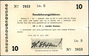 W. Steffen. Ihendehavergjeldsbrev. 10 kroner, Voss, den 14. april 1940. med påtrykt signatur "W. Steffen". Horisontal- og vertikal midbrett samt 3 mm rift i høyre kant ved bretten. 1